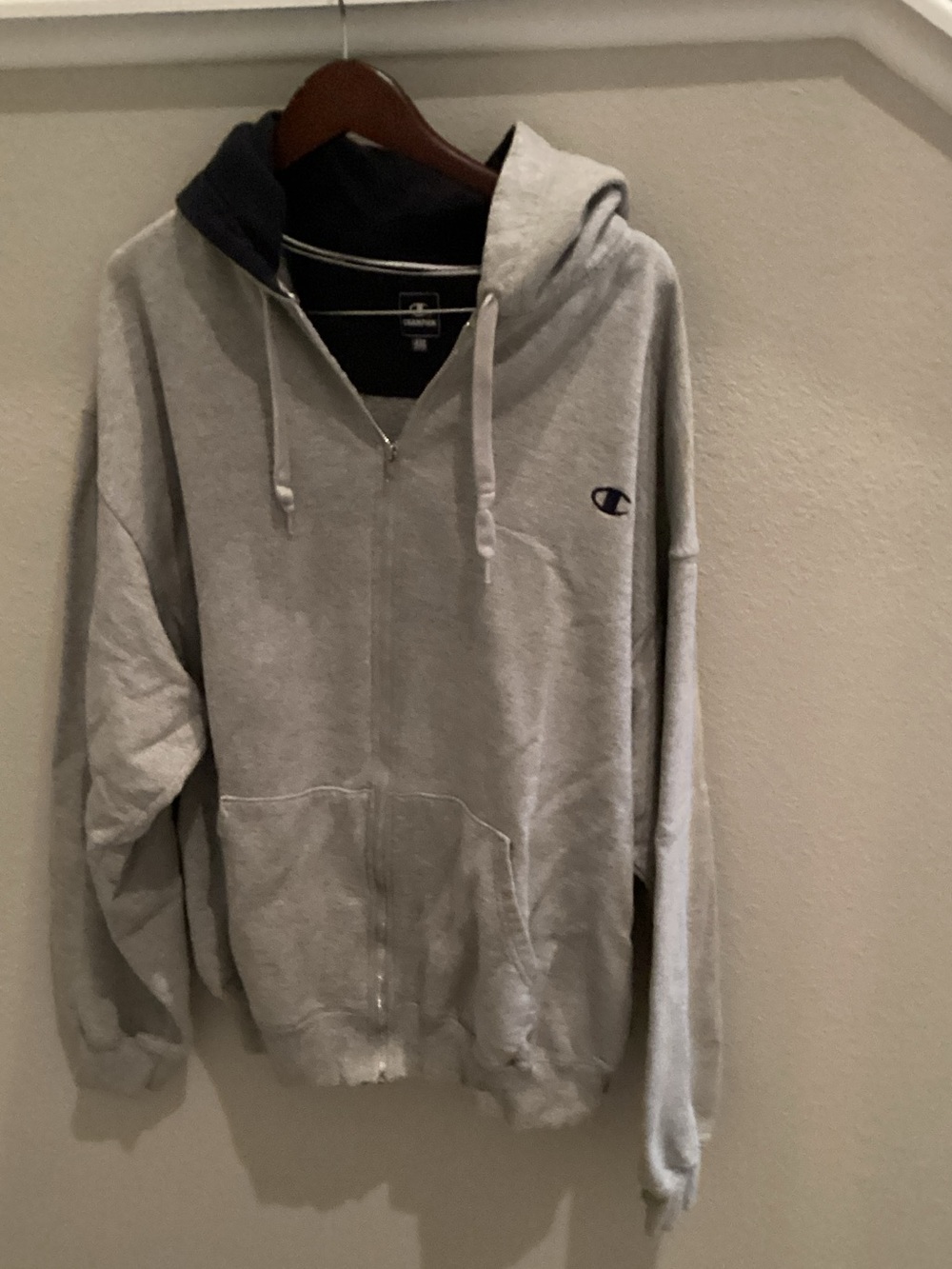 Champion Light Gray Full-Zip Hoodie with Navy Lining